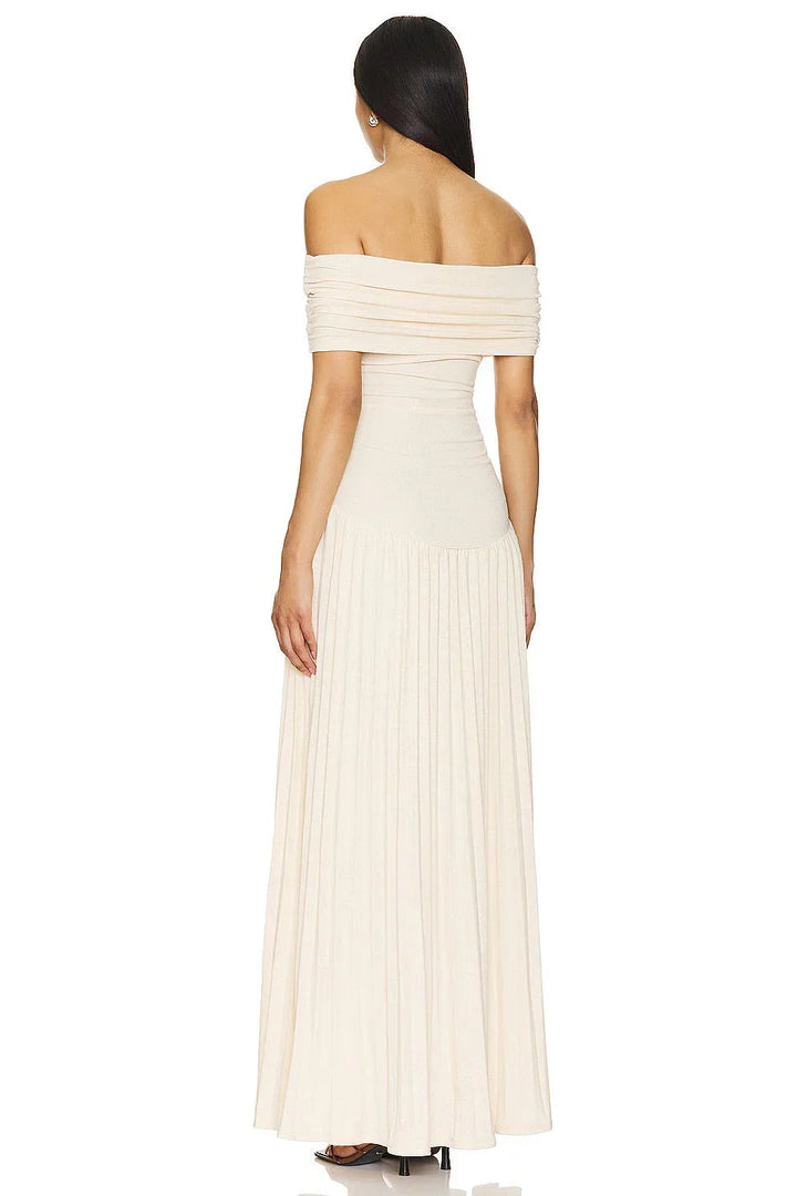 Women's off-shoulder flowy maxi dress, pleated summer style, in cream.