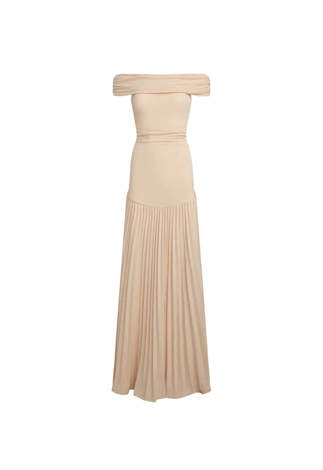 Elegant sky blue off-shoulder maxi dress, pleated for summer events.