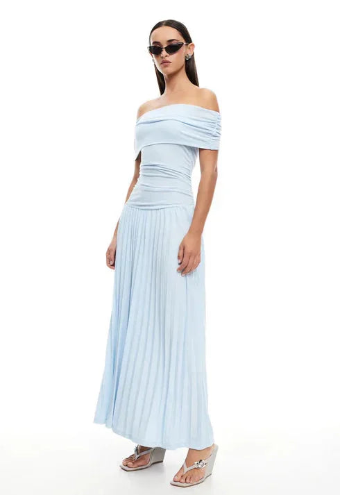 Navy casual flowy off-shoulder maxi dress, perfect for beach days.