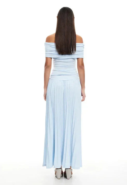 Sky blue off-shoulder flowy maxi dress, pleated for elegant summer parties.