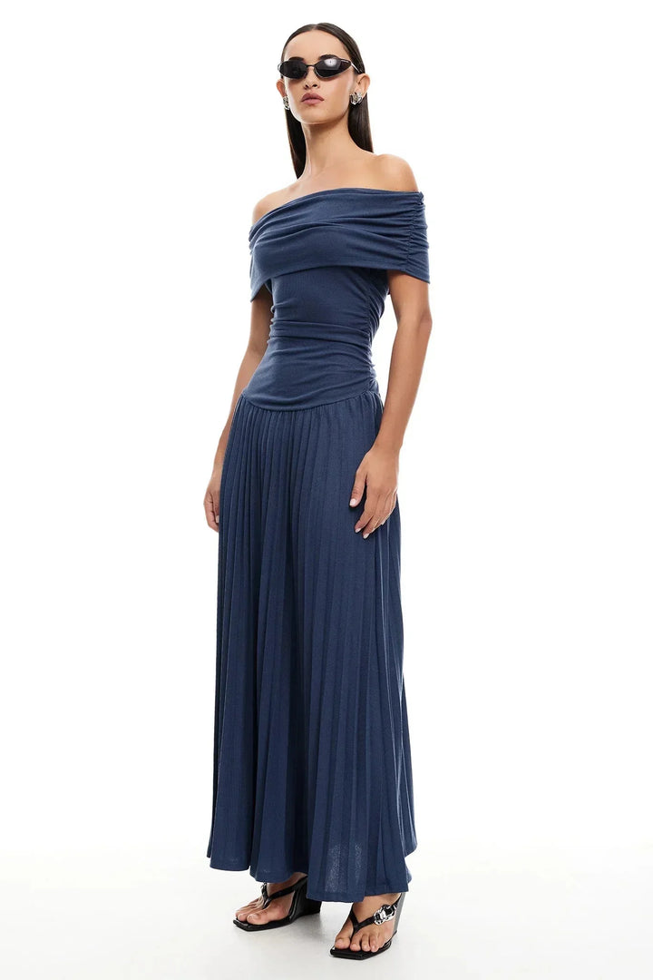 Navy women's off-shoulder maxi dress, pleated and flowy, summer casual.