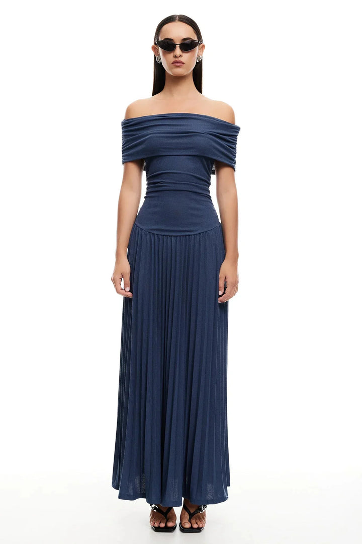 Sky blue pleated off-shoulder flowy maxi dress, a perfect summer choice.