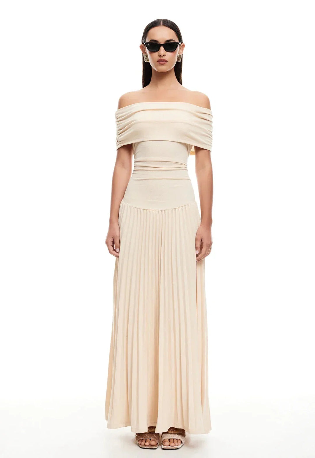 Navy women's flowy maxi dress, off-shoulder, perfect for vacations.