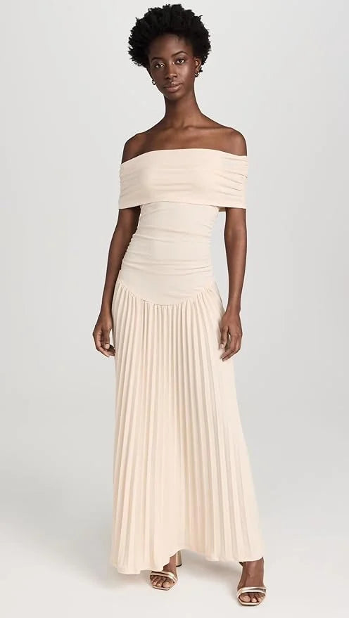 Navy off-shoulder maxi dress, flowy design, great for beachwear.