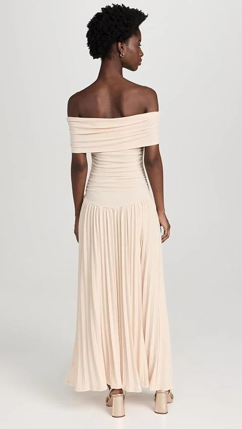 Women's pleated off-shoulder summer dress, a flowy maxi style.