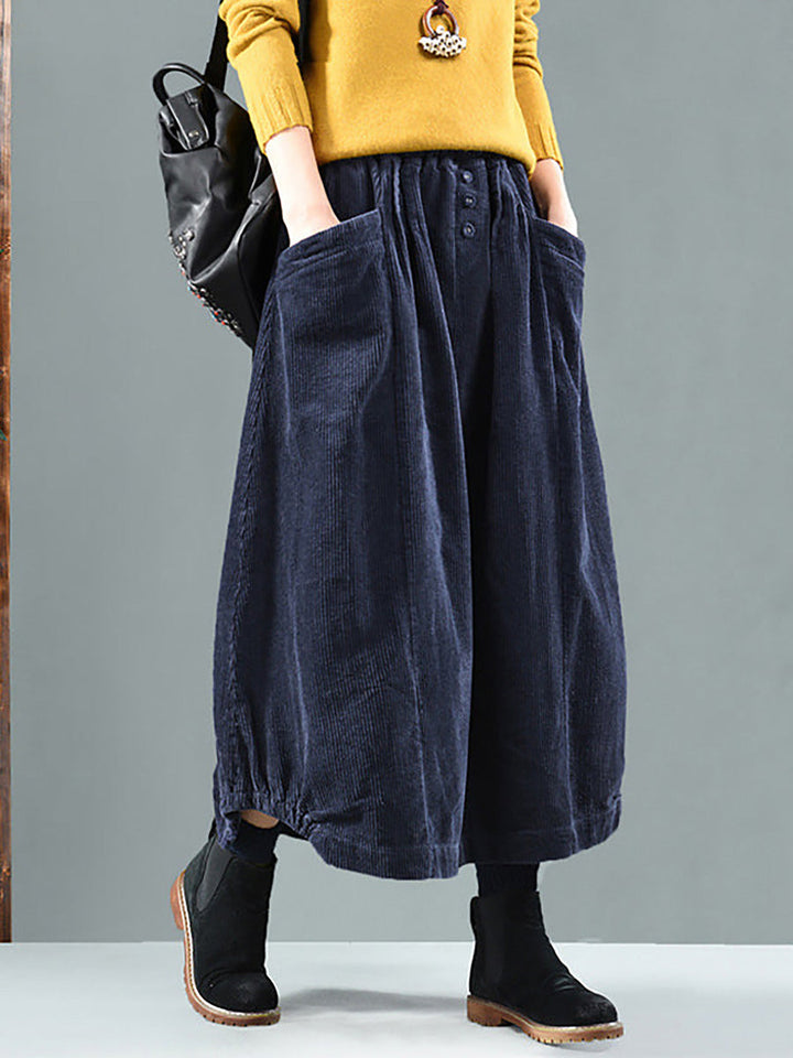 Stylish navy blue women's pleated maxi skirt, flowy and loose, featuring button-front and side pockets.