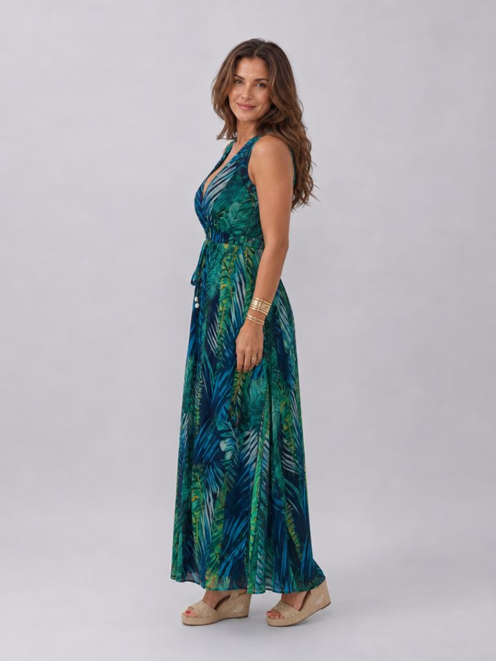Comfortable women's sleeveless v-neck midi dress, great for casual summer outings.