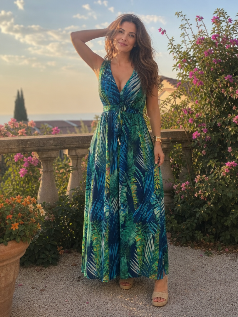 Flattering empire waist midi dress for women, flowy & sleeveless, a chic warm weather option.
