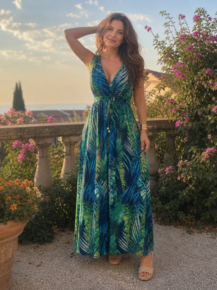 Flattering empire waist midi dress for women, flowy & sleeveless, a chic warm weather option.