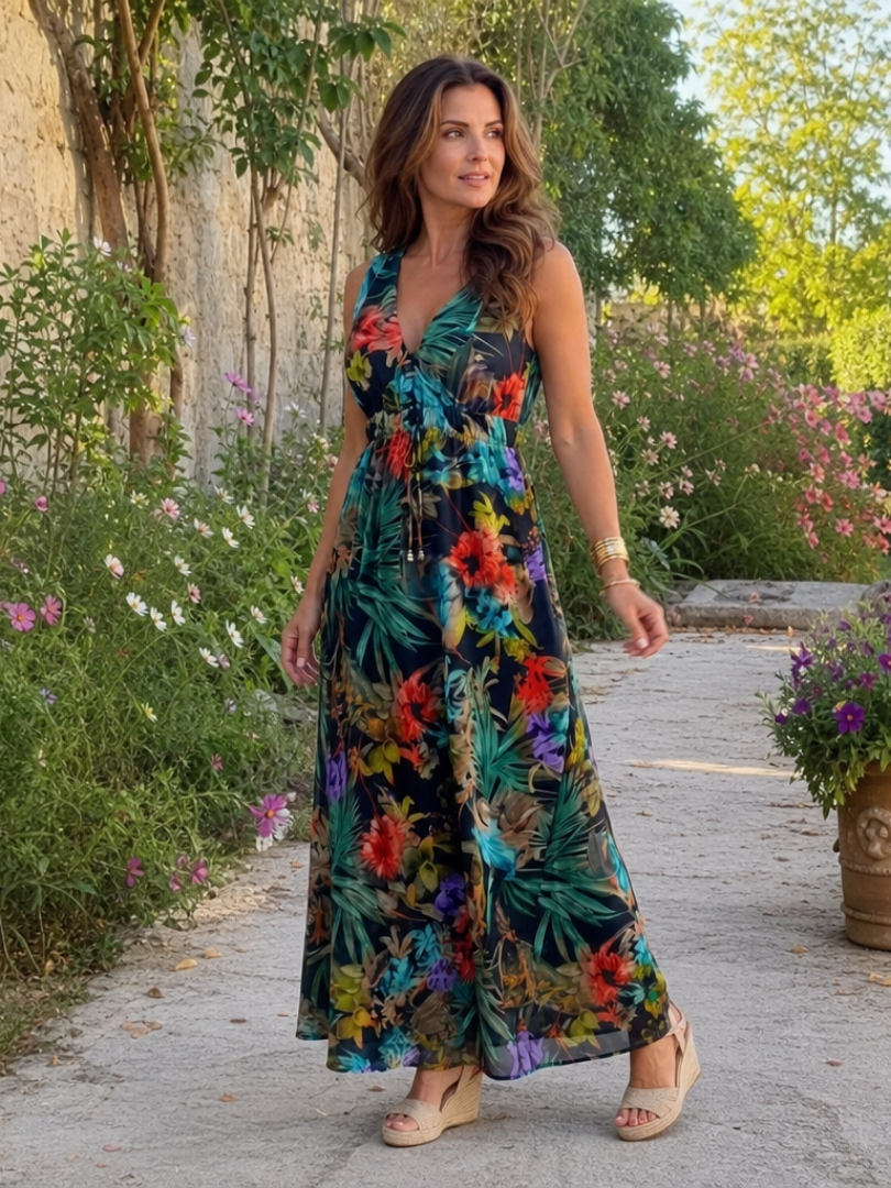 Casual yet elegant flowy v-neck midi dress for women, perfect for summer wear.