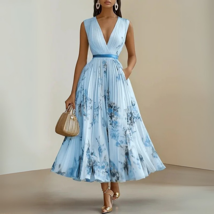Floral print women's flowy sleeveless summer maxi dress, perfect for holidays & parties.
