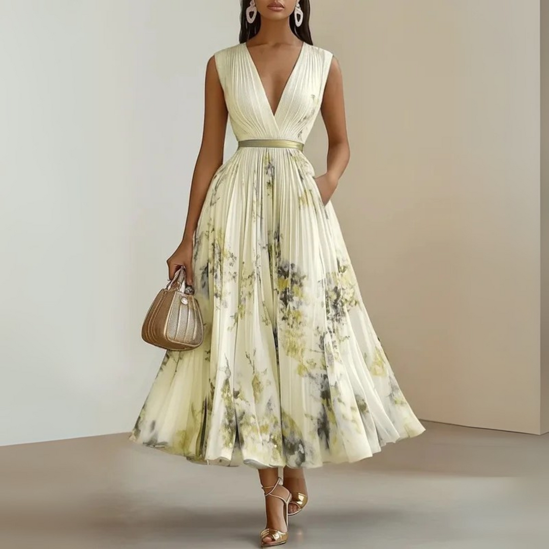 Long women's flowy sleeveless summer maxi dress, great for beachwear & casual outings.