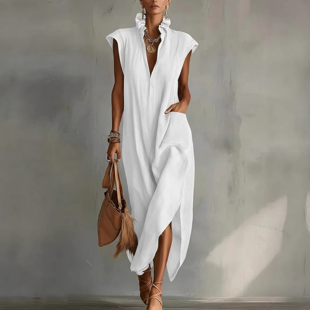 Women's flowy sleeveless midi dress with elegant asymmetrical hem. Ideal for summer casual or elegant wear.