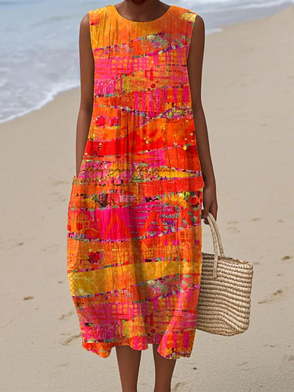 Women's flowy sleeveless sunset midi dress, comfortable for casual or elegant summer wear.