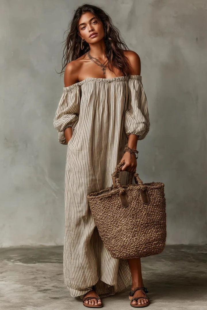 Women's flowy striped off-shoulder maxi dress for summer, beach, or casual elegant comfort.