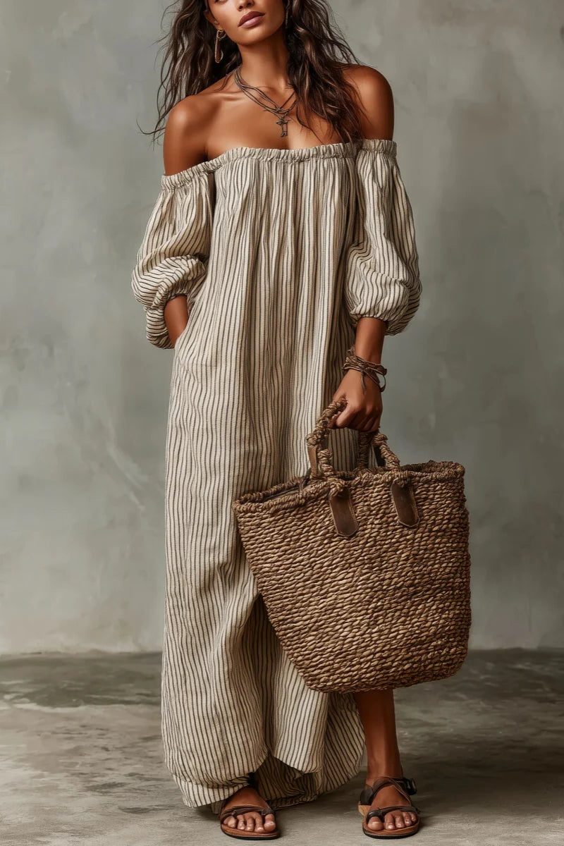 Elegant women's off-shoulder striped maxi dress; flowy, comfortable fabric perfect for vacation wear.