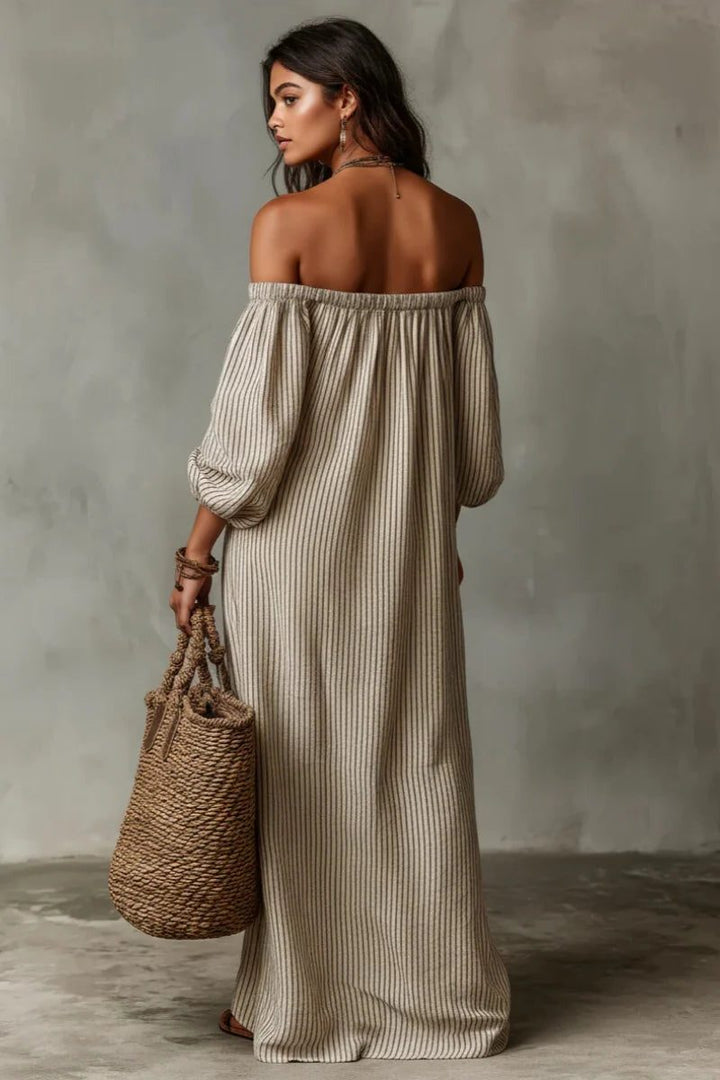 Striped off-shoulder maxi dress for women, with a flowy silhouette, ideal for summer beach outings.