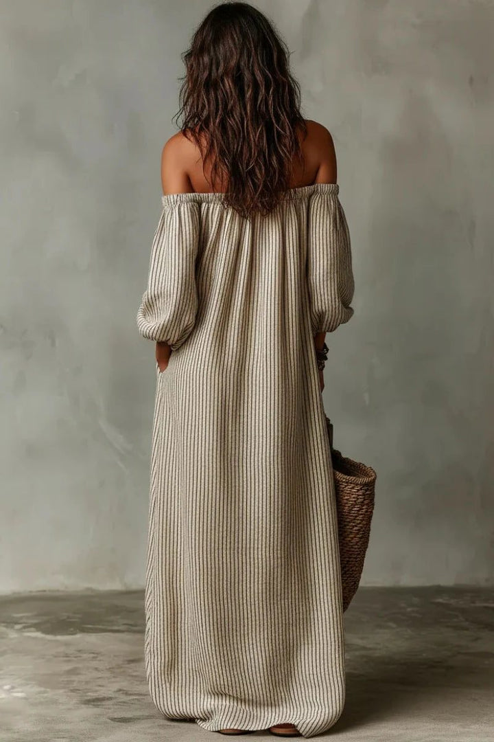 Chic women's striped off-shoulder maxi dress, a comfortable and versatile flowy summer vacation outfit.