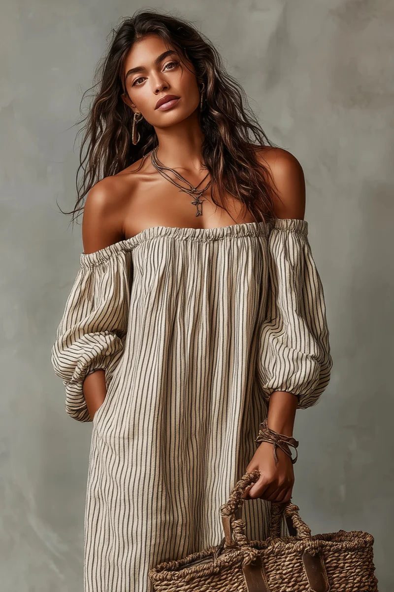 Comfortable flowy striped off-shoulder maxi dress for women, perfect for summer casual or resort wear.