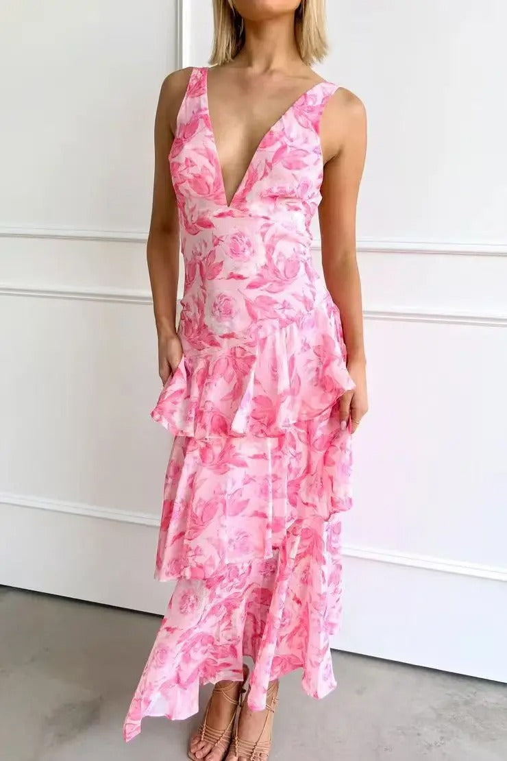 Beautiful flowy layered maxi dress for women, with a unique pattern and a relaxed, casual fit.