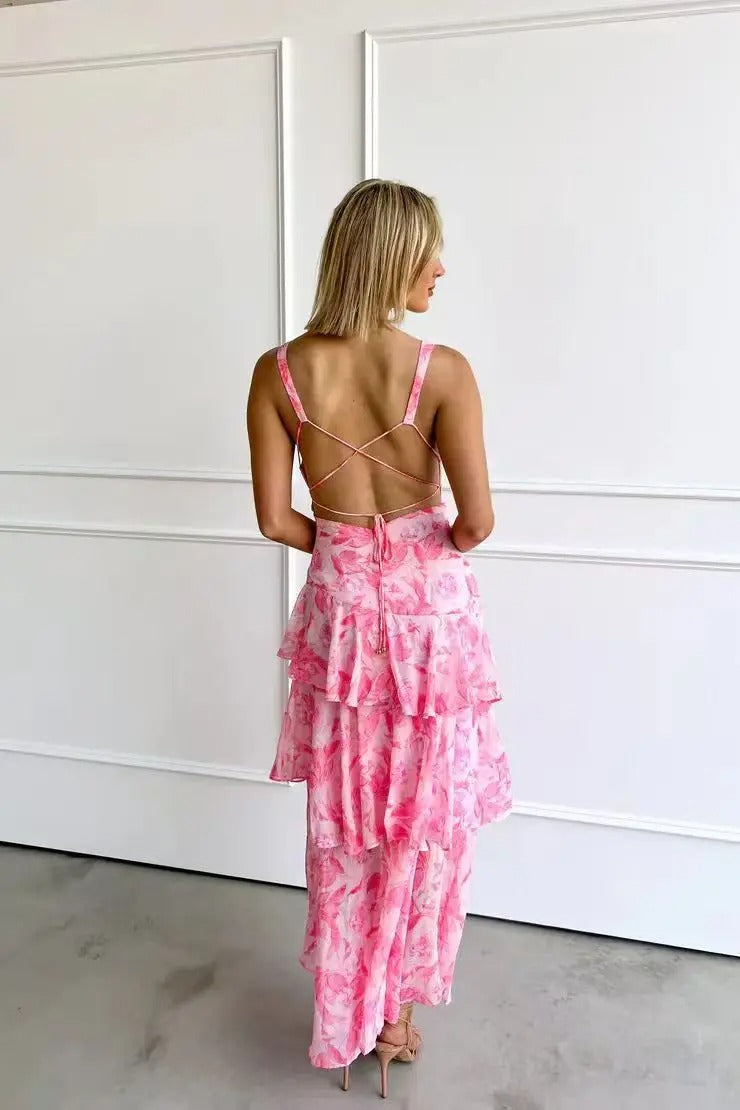 Women's casual summer patterned maxi dress, flowy and tiered with a sleeveless V-neck for ultimate comfort.