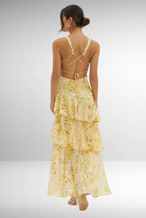 Women's patterned V-neck maxi dress, flowy and layered, ideal for a comfortable and stylish summer look.