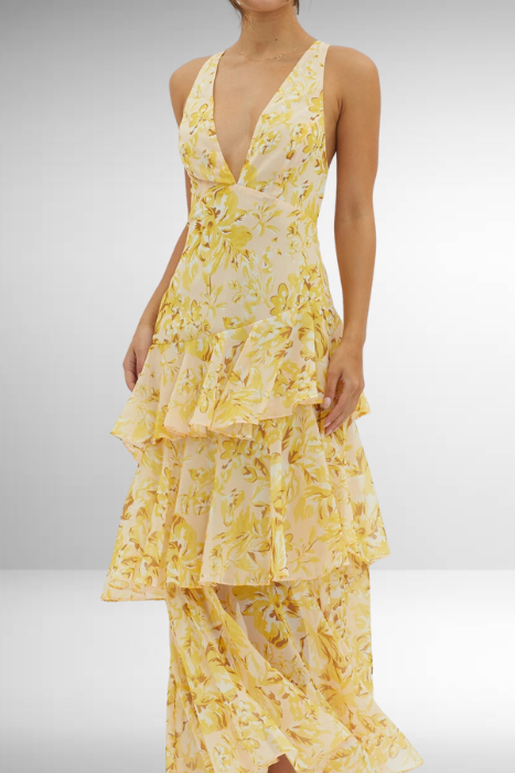 Casual flowy patterned maxi dress for women, sleeveless with tiered layers, a perfect summer wardrobe essential.