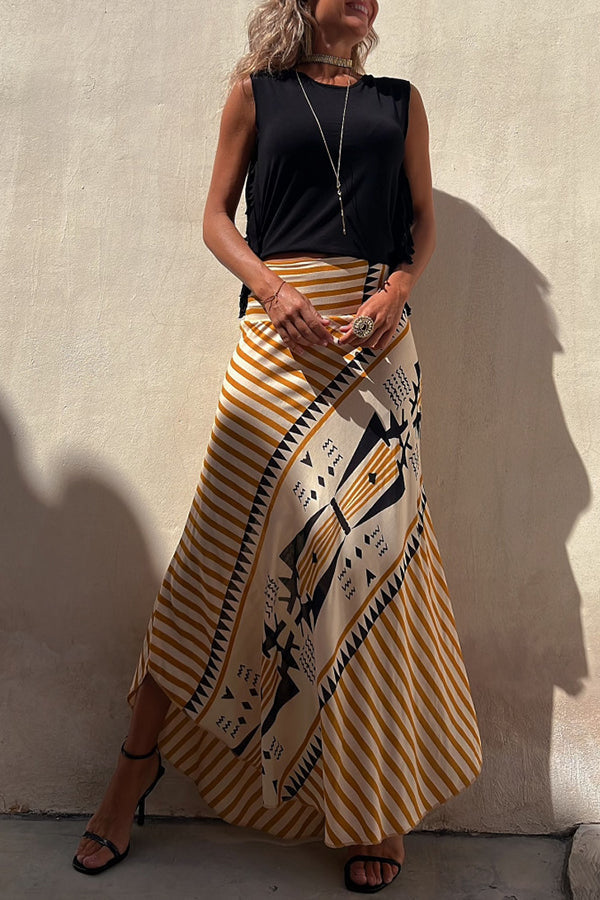 Close-up of a women's tiered pleated long skirt, showcasing its beautiful texture and comfortable fit.