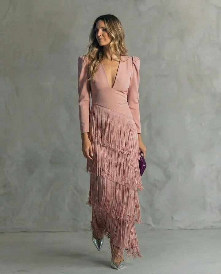 Flowy long sleeve v-neck women's midi dress featuring elegant fringe details, perfect for a sophisticated party look.