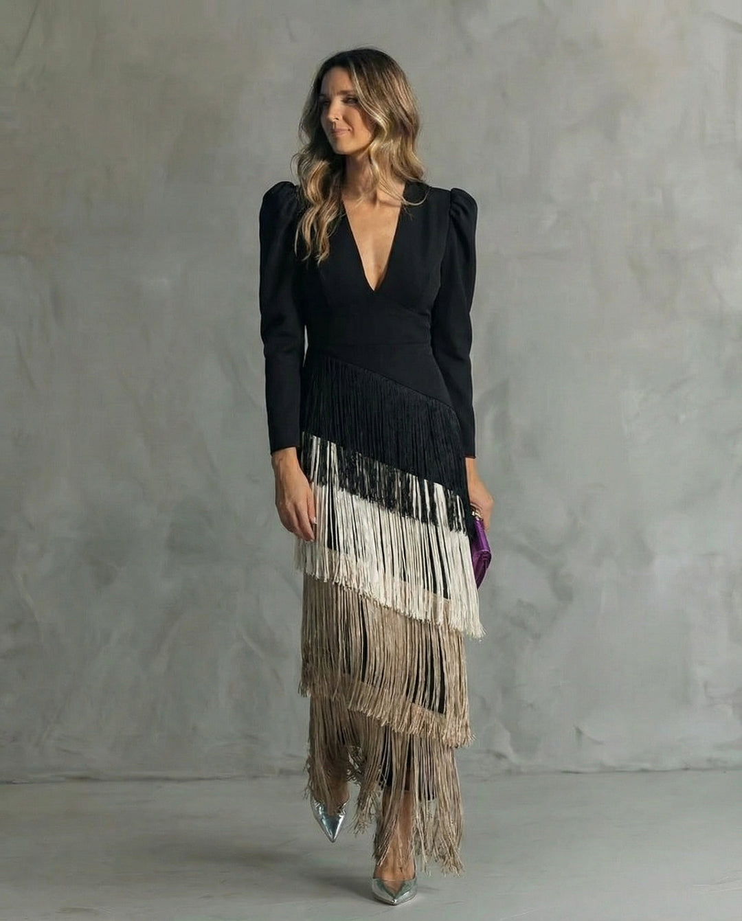 Comfortable & stylish flowy v-neck long sleeve midi dress for women, with elegant fringe for formal occasions.