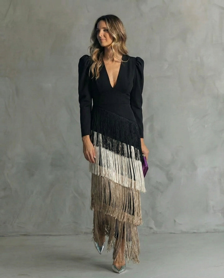 Comfortable & stylish flowy v-neck long sleeve midi dress for women, with elegant fringe for formal occasions.