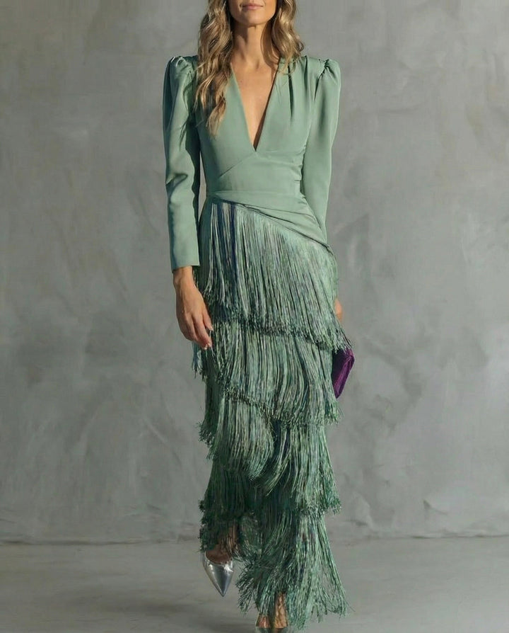 Sophisticated women's flowy v-neck long sleeve midi dress with elegant fringe. Great for evening & party wear.