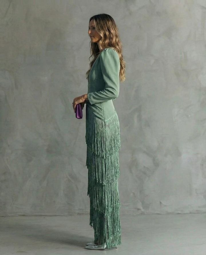 V-neck long sleeve flowy midi dress for women, featuring elegant fringe detail. A sophisticated formal party dress.