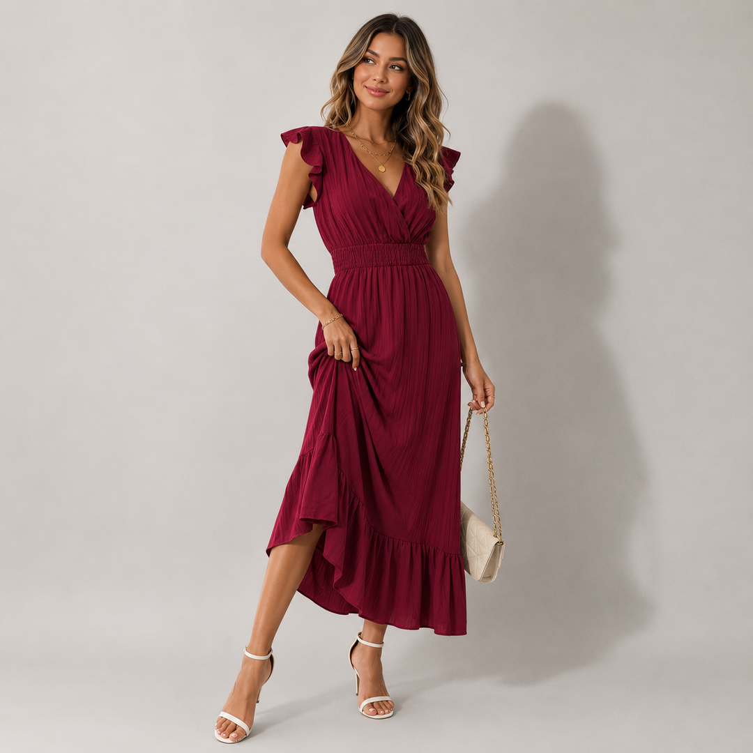 Women's flowy V-neck maxi dress, perfect for elegant evening parties & summer vacations.