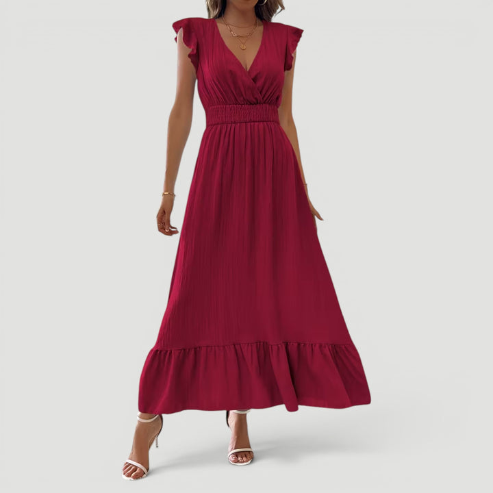 V-neck flowy maxi dress for women, elegant, long, suitable for evening & summer.