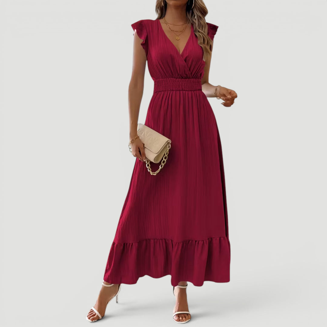 Ruffle sleeve women's flowy V-neck maxi dress, elegant for summer evenings & parties.