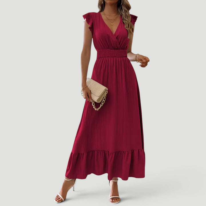 Ruffle sleeve women's flowy V-neck maxi dress, elegant for summer evenings & parties.