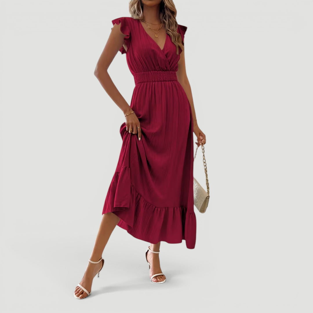 Summer V-neck maxi dress for women, flowy, with ruffle sleeves & flared hem.