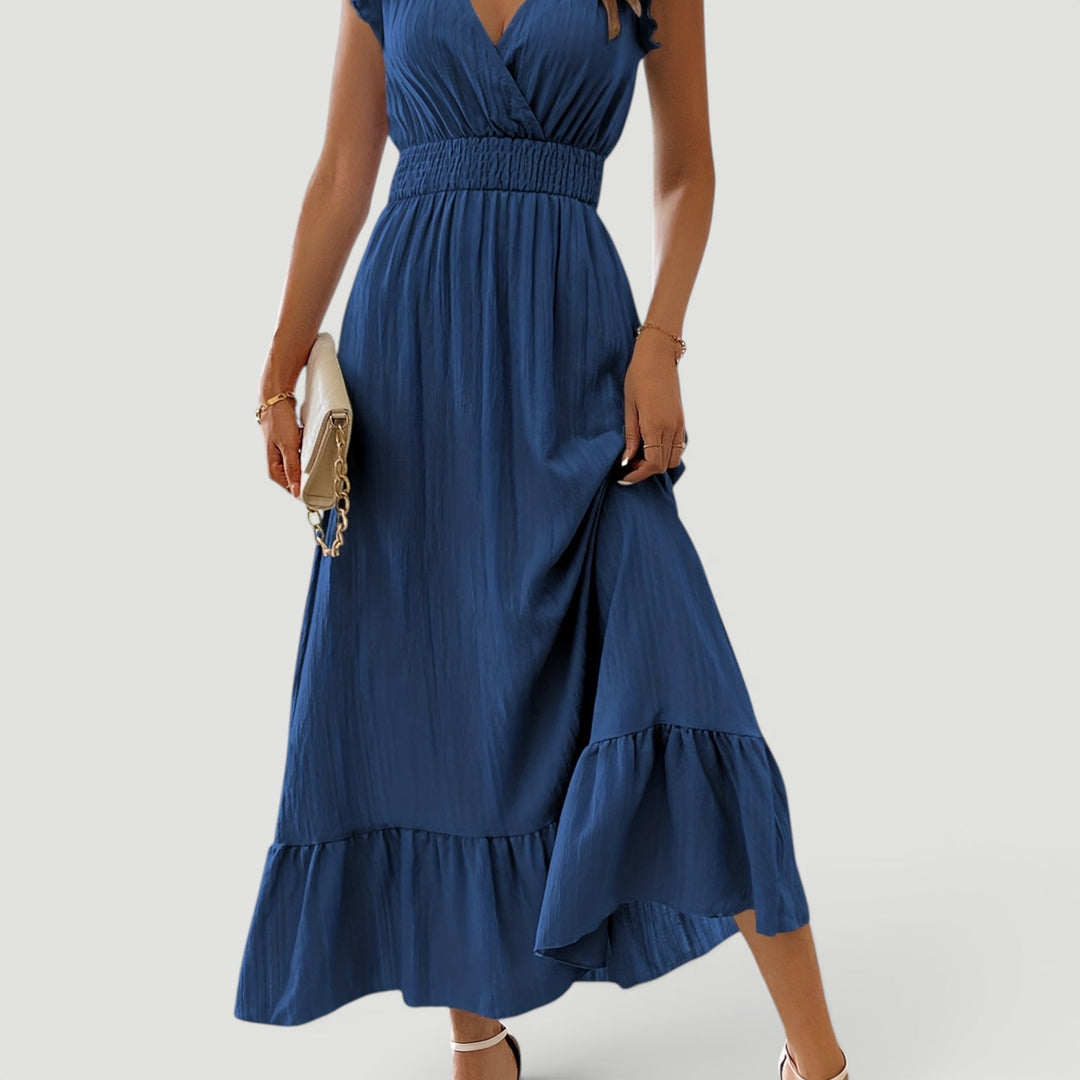 Flowy V-neck maxi dress for women, long, ideal for summer parties & evening wear.