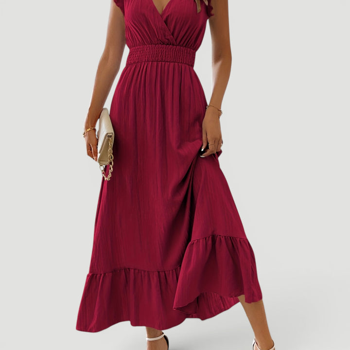Summer party maxi dress, women's flowy V-neck, with stylish ruffle sleeves.
