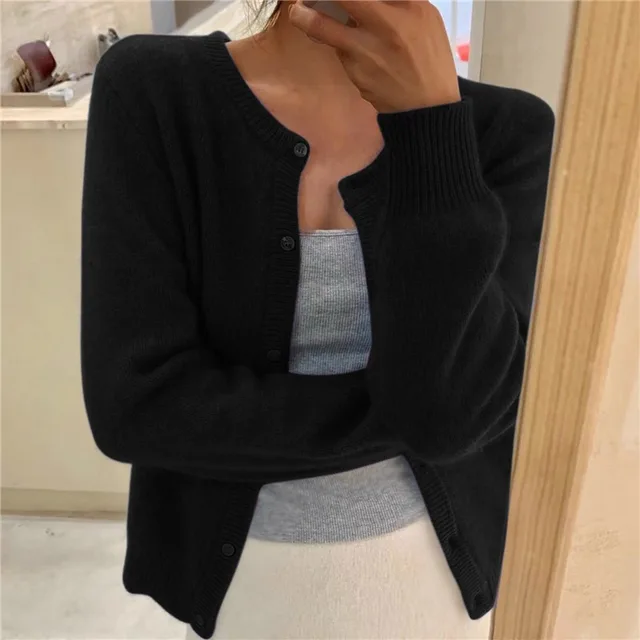 Cozy women's fluffy knit cardigan, round neck, button front. Chic and versatile for casual wear.