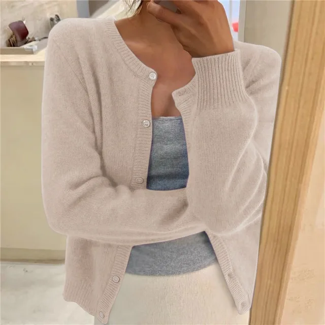 Soft fluffy knit cardigan for women, round neck, button-front. Cropped style perfect for fall layering.