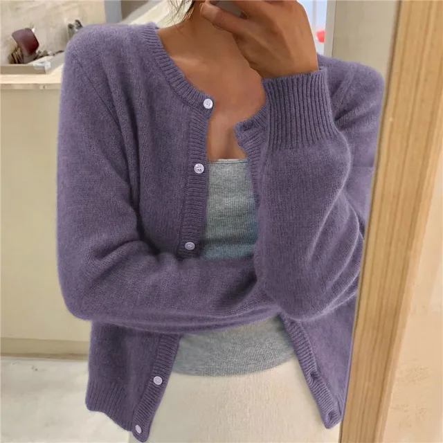 Warm women's fluffy knit cardigan, round neck. Cozy button-front sweater, essential for fall & winter.
