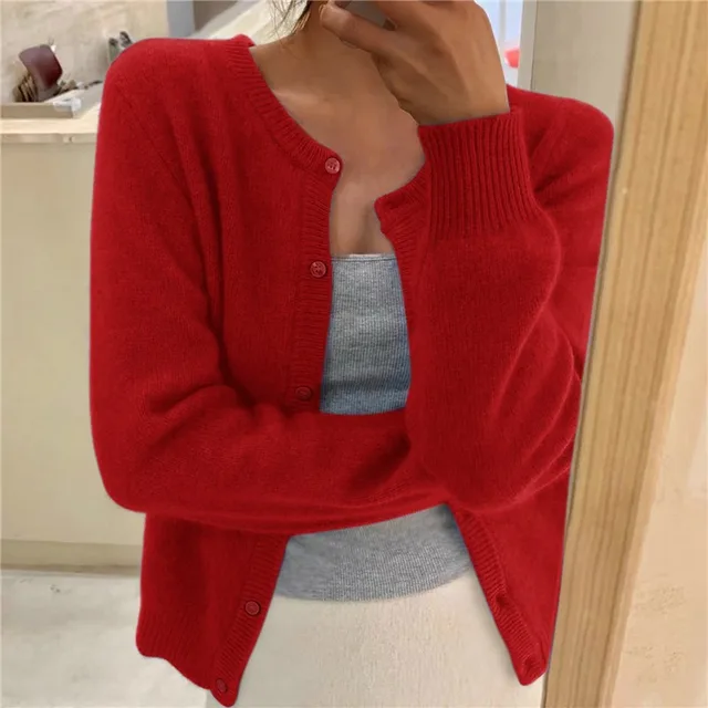 Cropped women's fluffy knit cardigan, round neck, button front. Stylish & cozy for fall layering.