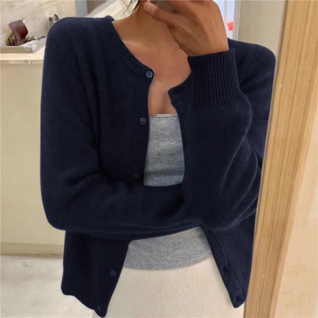Everyday women's fluffy knit cardigan, round neck, button front. Comfortable and chic for daily wear.