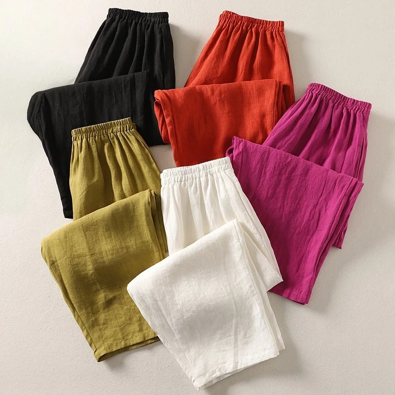 Women's fluid cotton blend wide-leg trousers, perfect for comfortable summer wear.