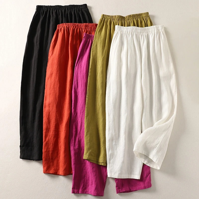 Relaxed fit fluid cotton blend wide-leg trousers for women, ideal for casual or elegant looks.