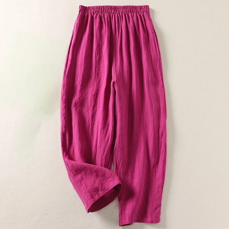 Stylish women's fluid cotton blend wide-leg trousers, great for summer casual or travel outfits.