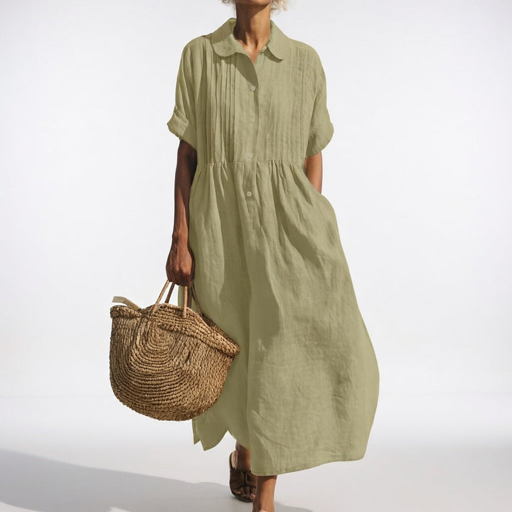Versatile women's fluid button-front shirt dress, great for summer fashion & daily wear.