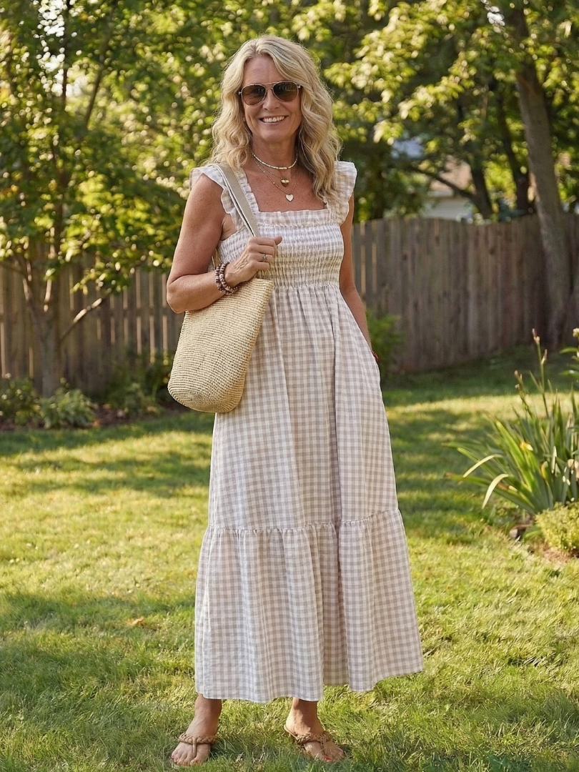 Women's flutter sleeve smocked gingham maxi dress with square neckline and tiered skirt, perfect for summer casual wear.